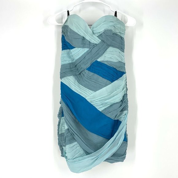 bebe Dresses & Skirts - Bebe Blue Strapless Pleated Silk Dress